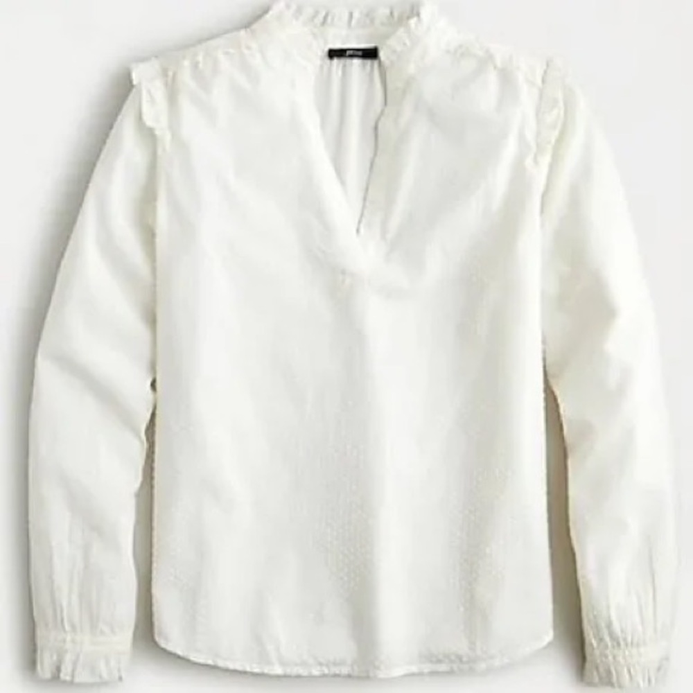 J CREW RUFFLE-TRIM V-NECK POPOVER IN CLIP DOT ivory